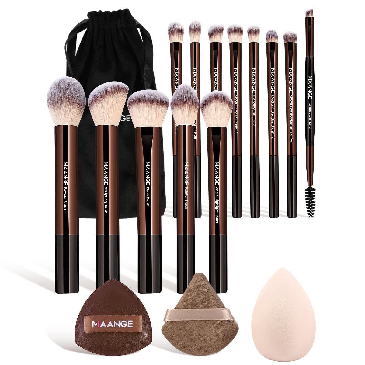 MAANGE 22PCS Makeup Brush Set Travel Makeup Brushes for Liquid Powder Contour Concealer Cream Cosmetics Blending Eyeshadow Eyeliner (Coffee)