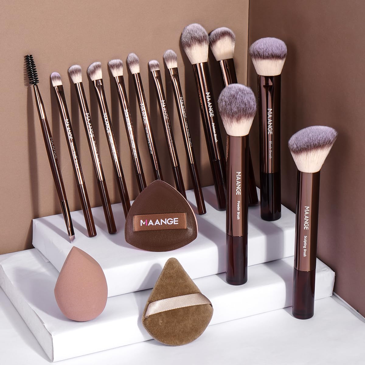 MAANGE 22PCS Makeup Brush Set Travel Makeup Brushes for Liquid Powder Contour Concealer Cream Cosmetics Blending Eyeshadow Eyeliner (Coffee)