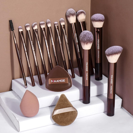 MAANGE 22PCS Makeup Brush Set Travel Makeup Brushes for Liquid Powder Contour Concealer Cream Cosmetics Blending Eyeshadow Eyeliner (Coffee)